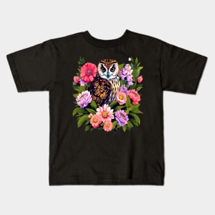 A Cute Short Eared Owl Surrounded by Bold Vibrant Spring Flowers Kids T-Shirt